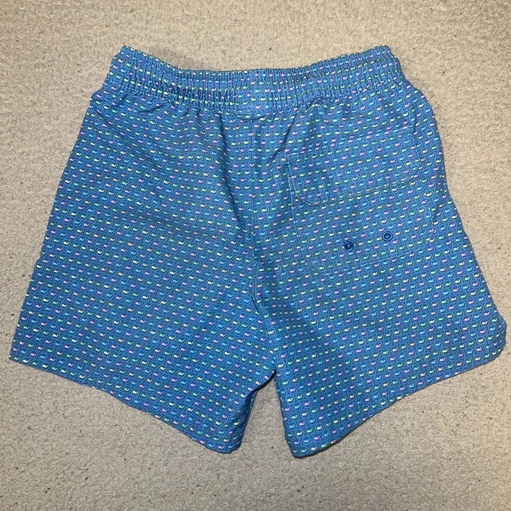 Vineyard Vines Swimwear Shorts Youth Sz 7 Blue AOP Micro Whale Logo Swim Trunks